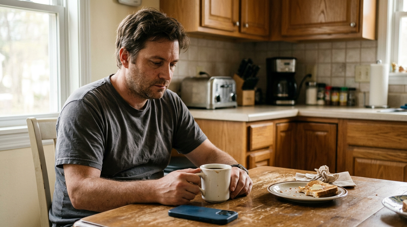 Mike Delano at his kitchen table