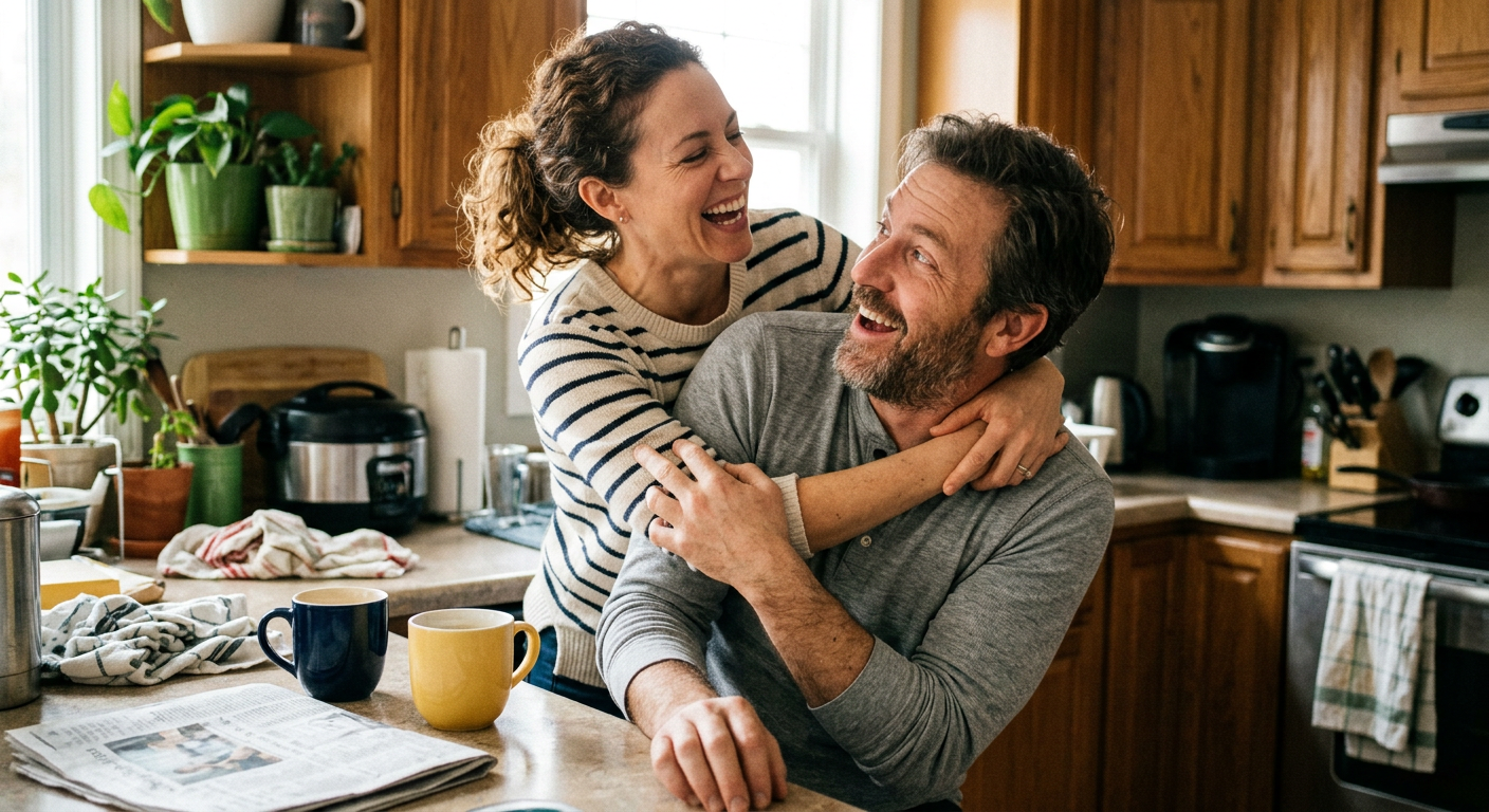 Happy couple laughing together in the kitchen