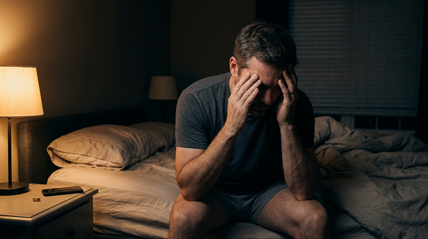 Man sitting alone on edge of bed at night, head in hands — emotional low point