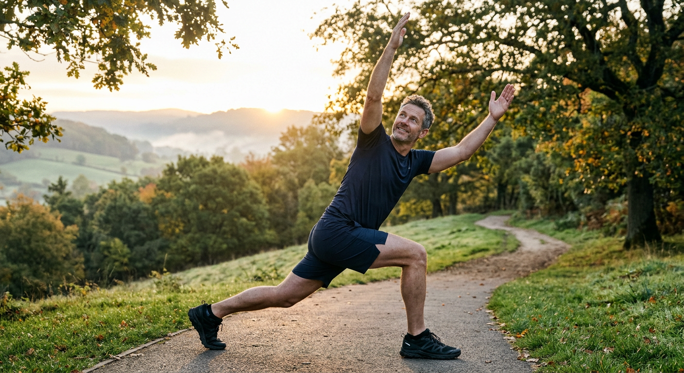 Confident healthy man in his 40s outdoors in morning light