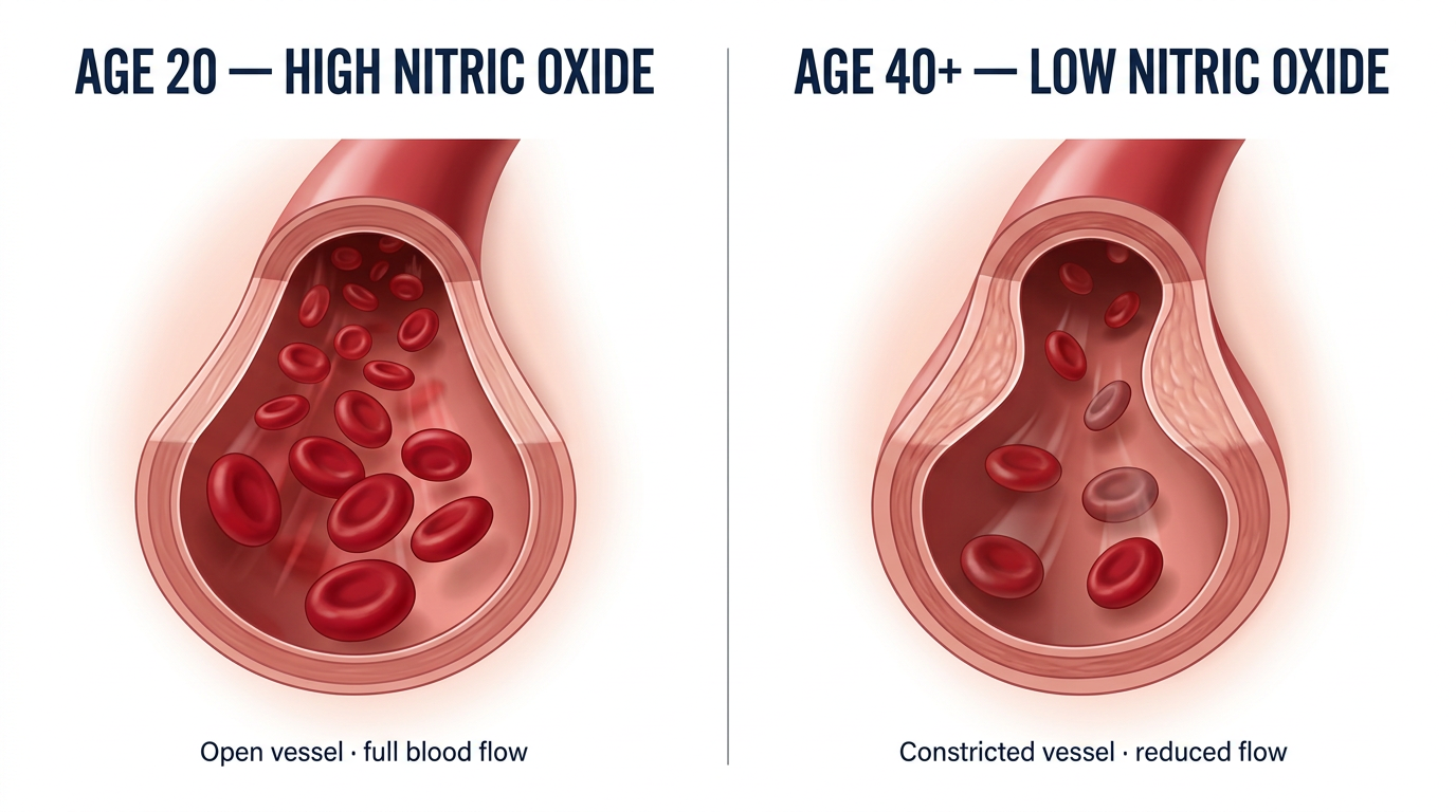 Blood vessel diagram: Age 20 high nitric oxide vs. Age 40+ low nitric oxide