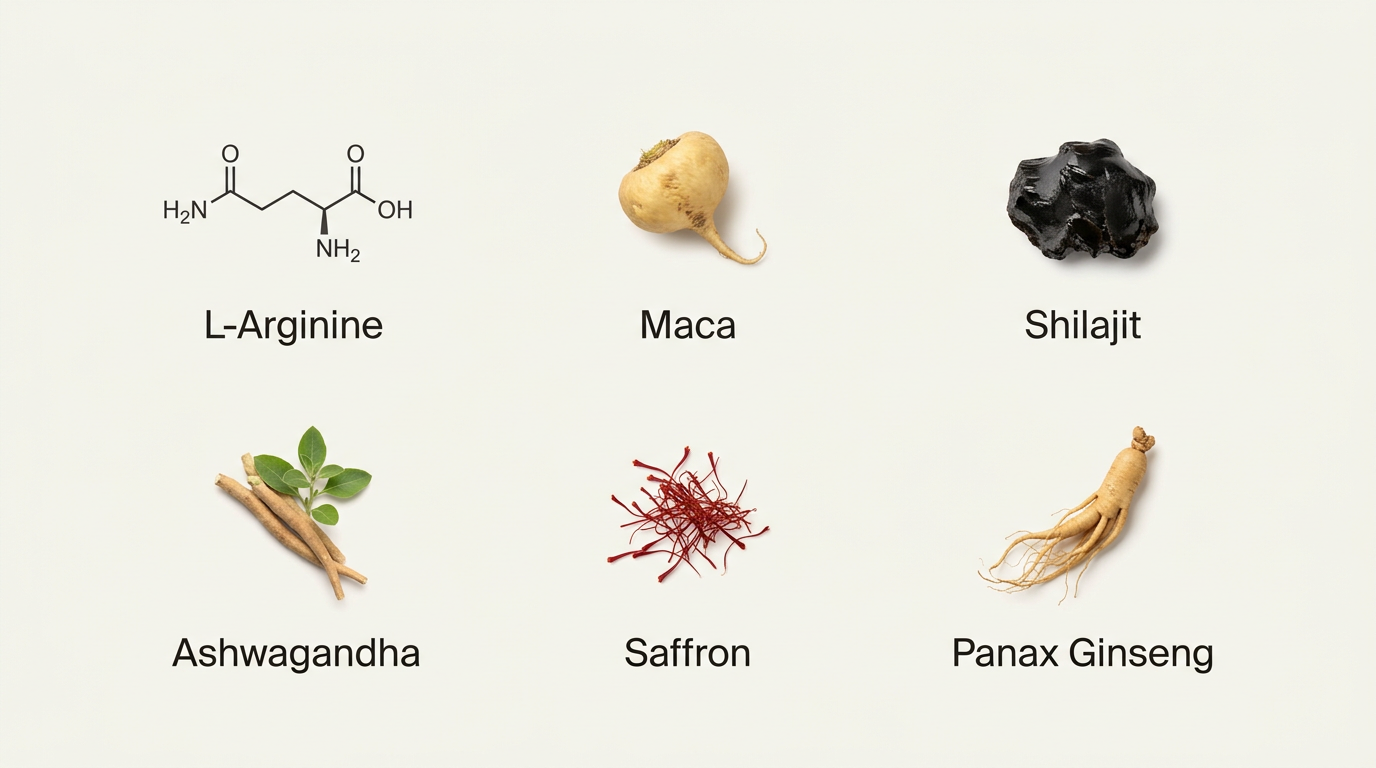6-ingredient breakdown: L-Arginine, Maca, Shilajit, Ashwagandha, Saffron, Panax Ginseng