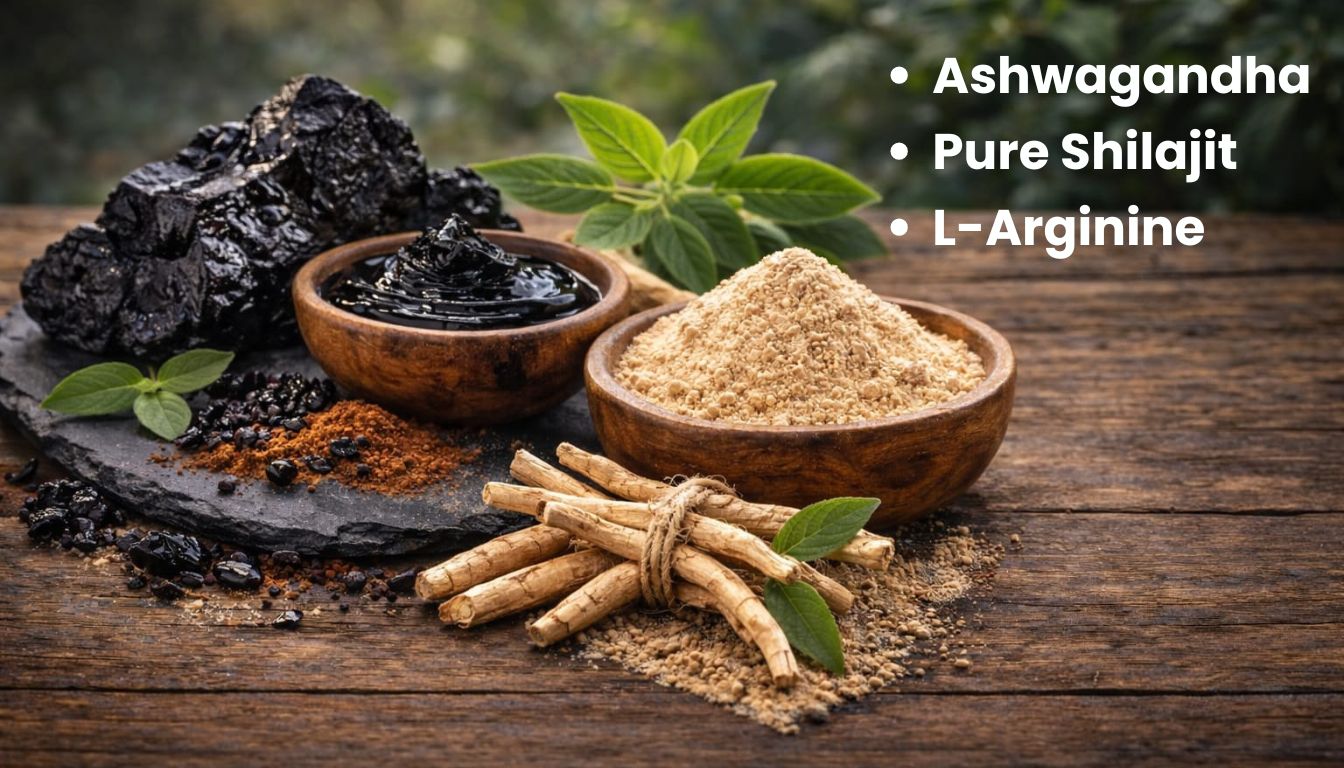 Ashwagandha roots and powder, and pure Shilajit resin displayed on a rustic wooden table with green leaves.
