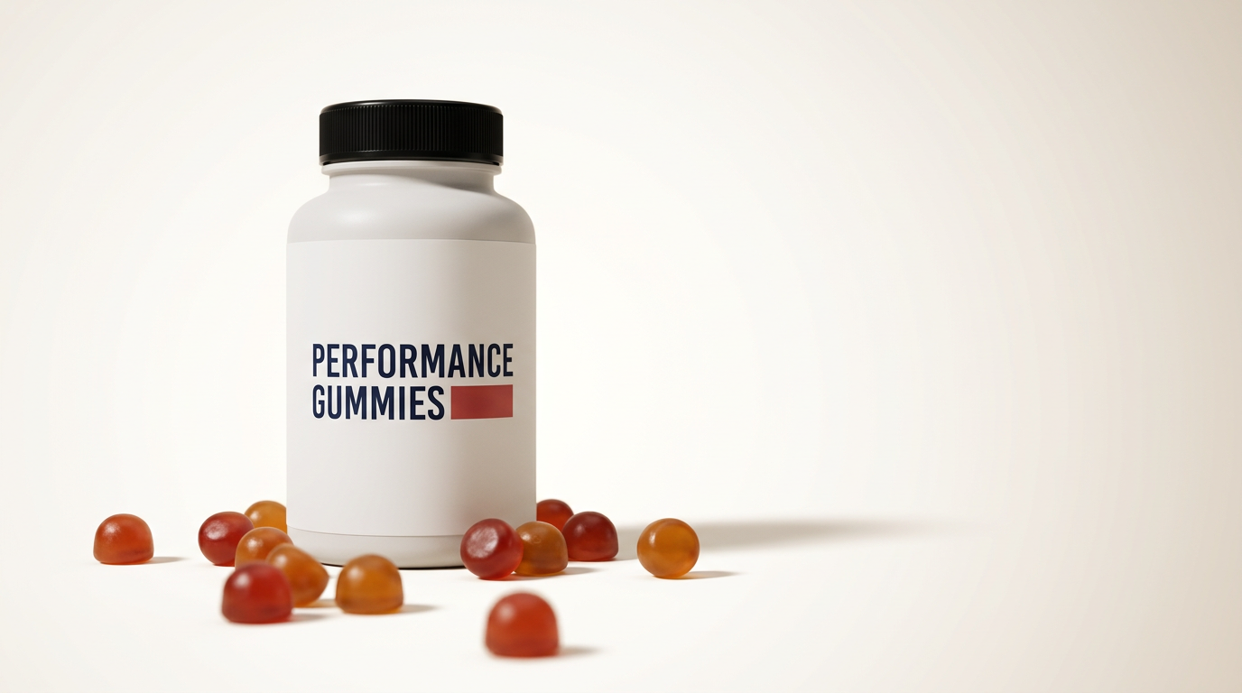 Performance Gummies bottle with scattered gummies — editorial product hero
