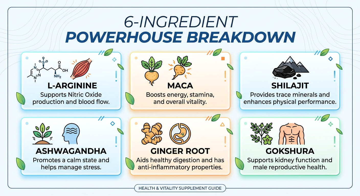 6-ingredient breakdown: L-Arginine, Maca, Shilajit, Ashwagandha, Ginger Root, Gokshura
