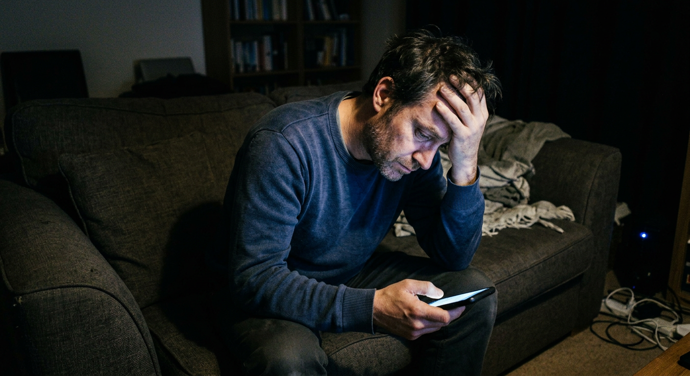 Man sitting alone on the couch at night