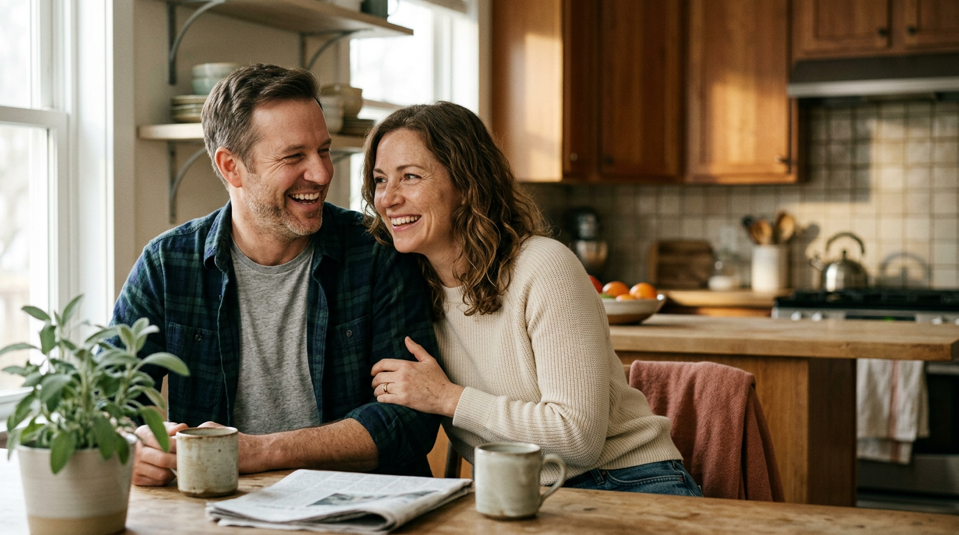 Happy couple in their 40s laughing together — reconnection moment