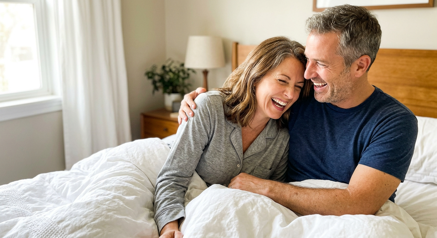 Happy couple laughing together in bed