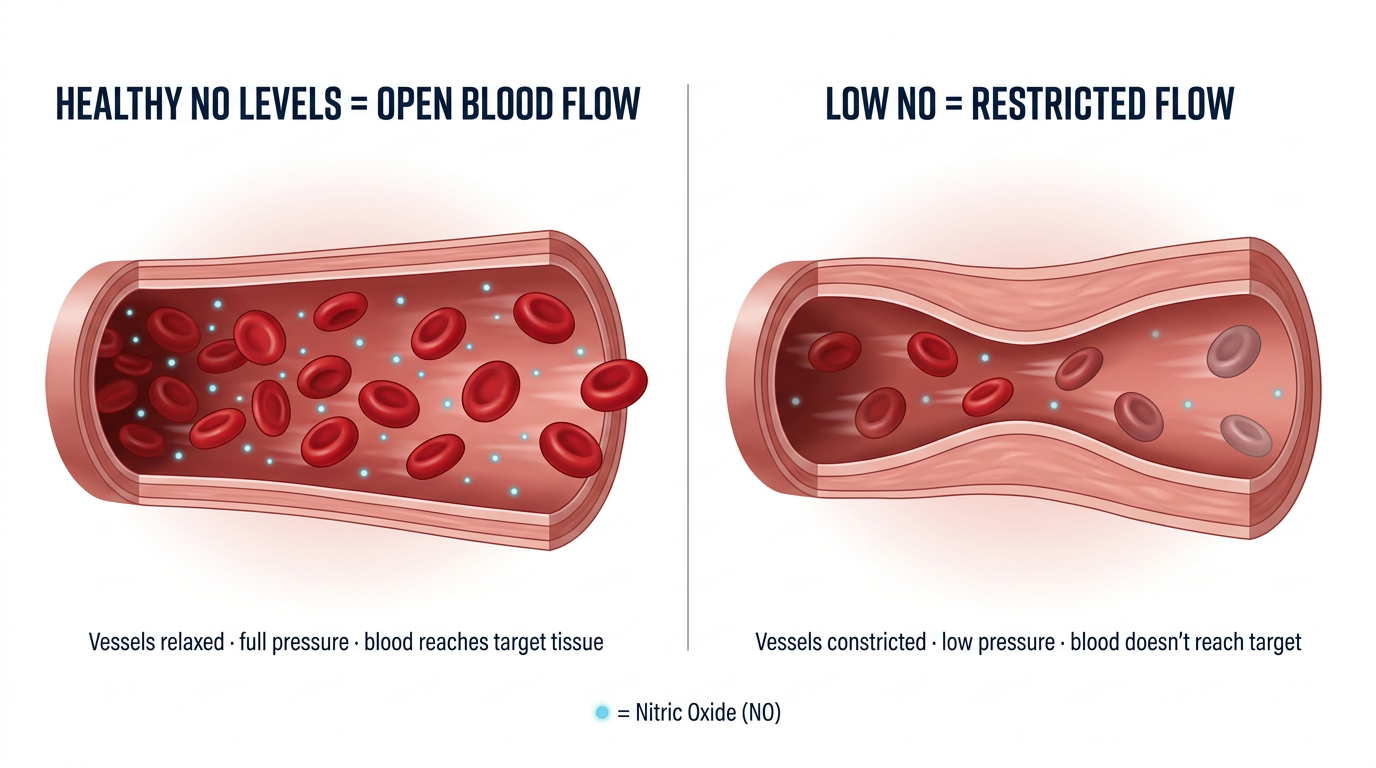 Nitric oxide blood vessel diagram: healthy NO levels vs. low NO restricted flow