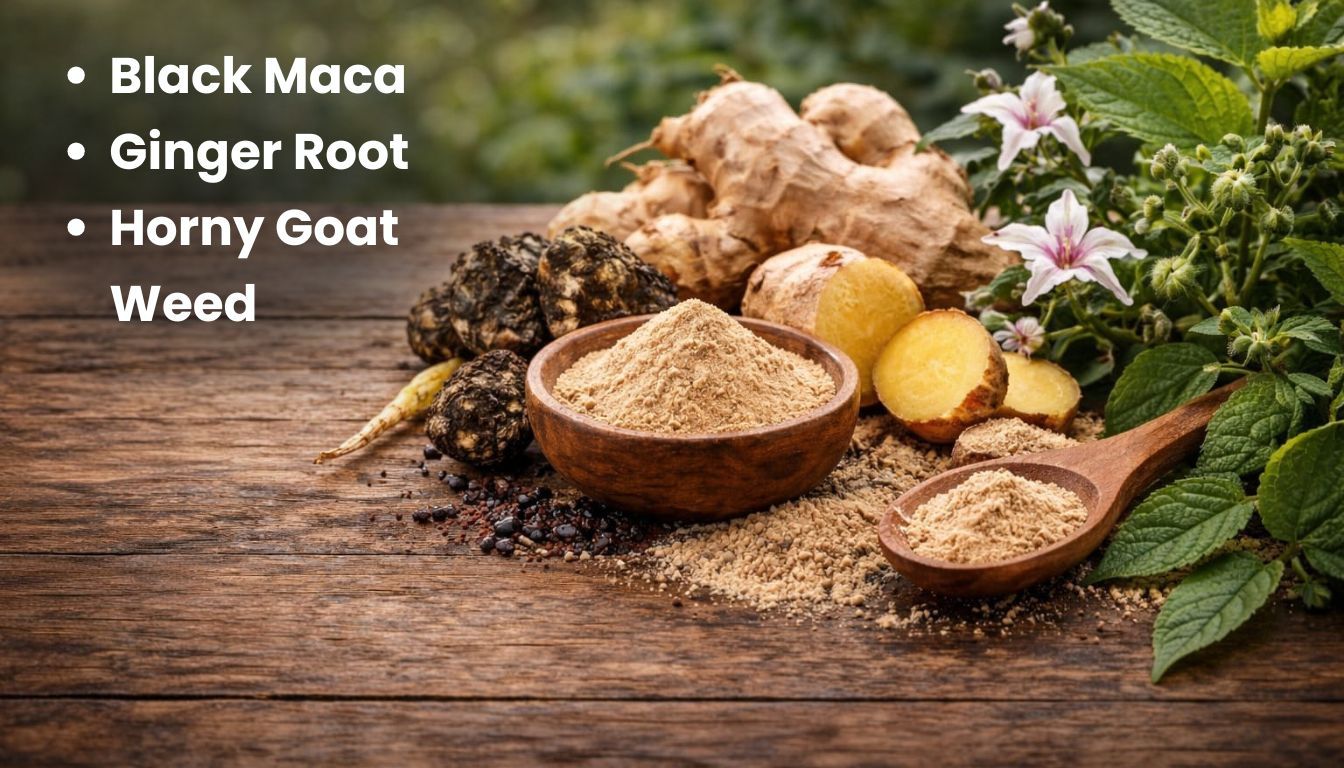 Herbal ingredients Black Maca, Ginger Root, and Horny Goat Weed displayed as roots, powders, and fresh plants.