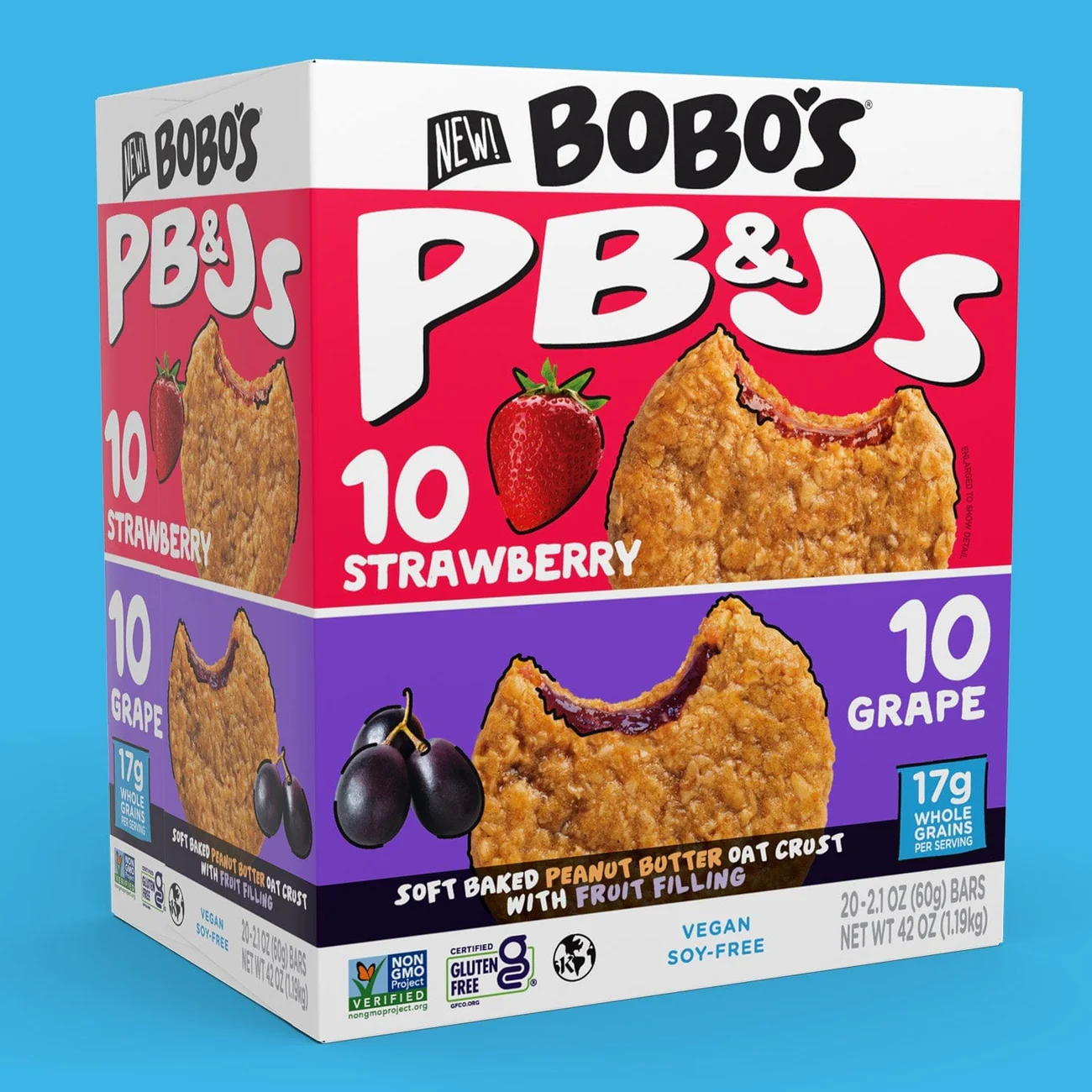 Box of Bobo's PB&Js with strawberry and grape flavors on a blue background.