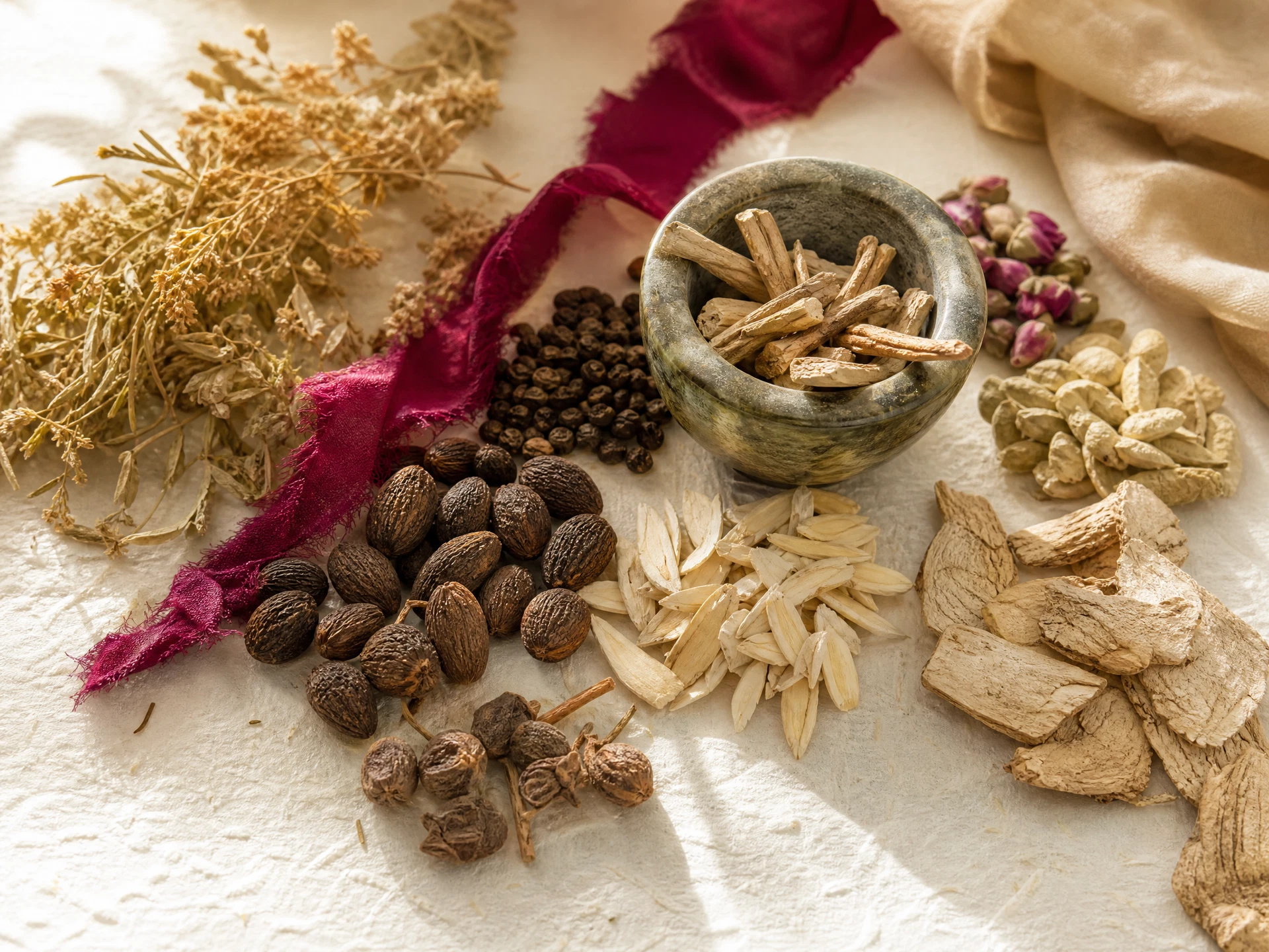 Traditional Ayurvedic herbs and preparation tools