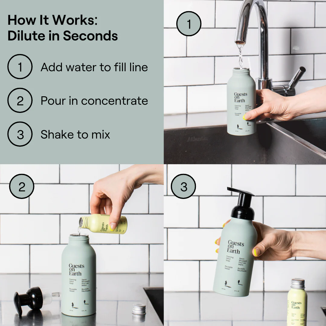 A three-step infographic showing how to mix a soap concentrate by adding water to a reusable bottle.