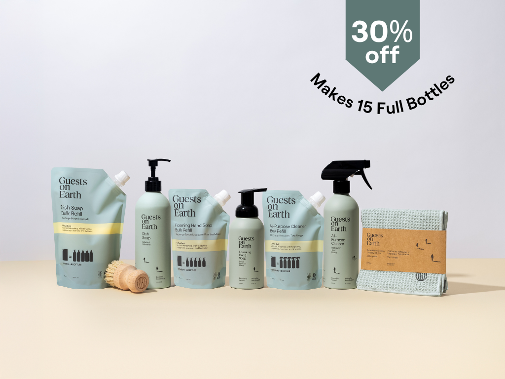 Guests on Earth cleaning products with a 30% off label.