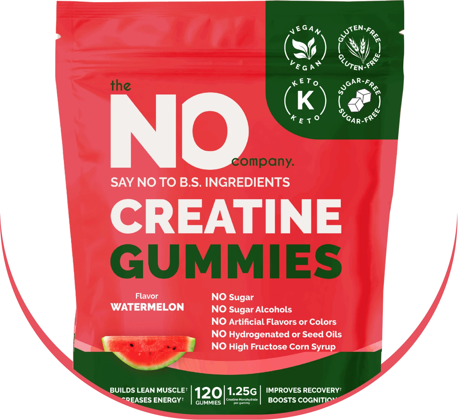 Red and green bag of creatine gummies with watermelon flavor and health claims.