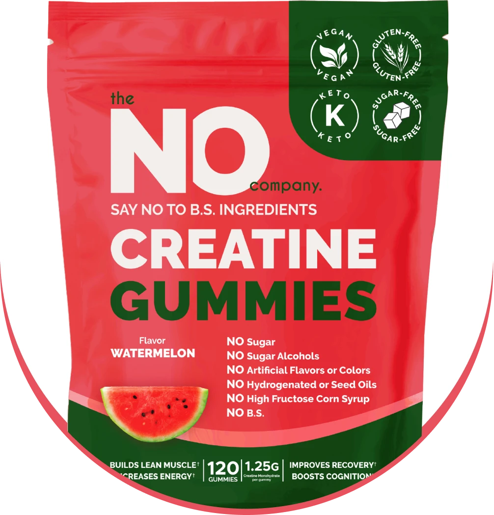 Red and green packaging of creatine gummies with watermelon flavor.