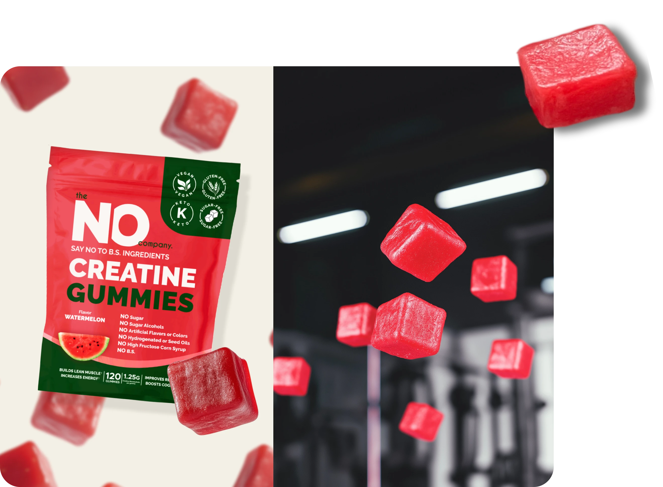 Red creatine gummies and packaging with health claims, floating in a gym setting.