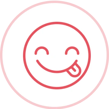 Red outline of a smiling face with tongue out on a white background.