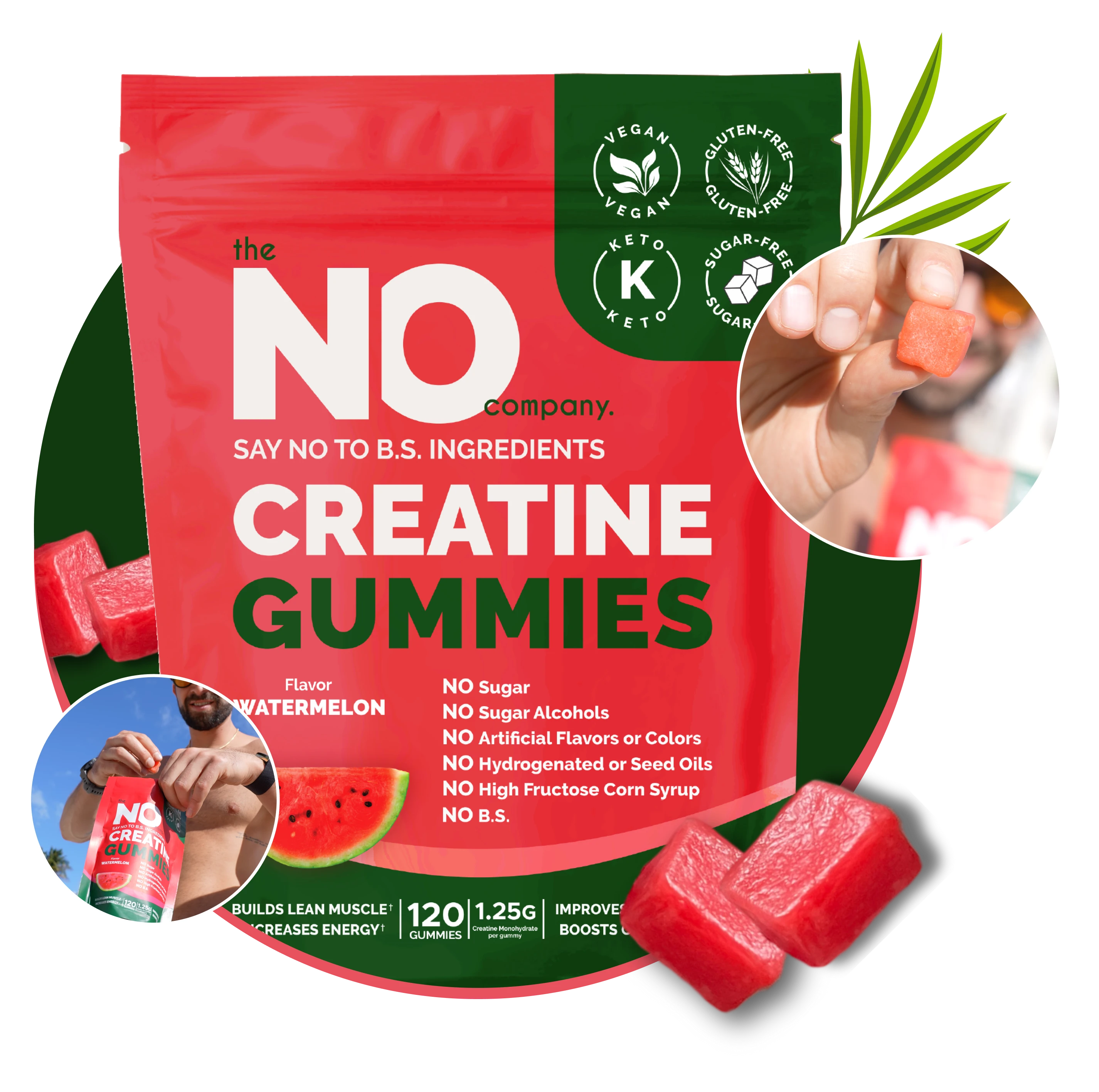Red package of creatine gummies with watermelon flavor and health claims.