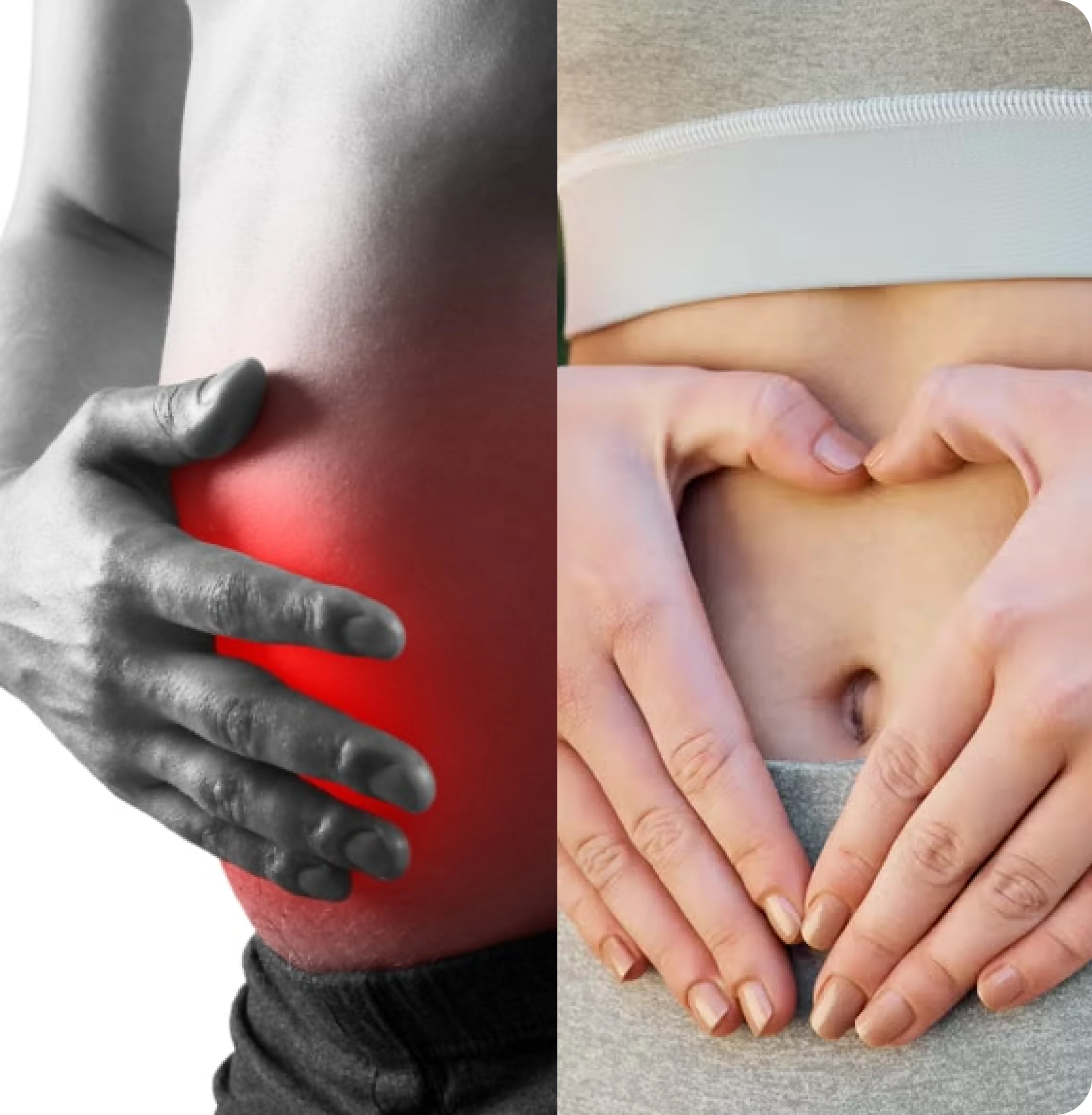 Split image: left shows hand on red-tinted stomach, right shows hands forming heart on belly.