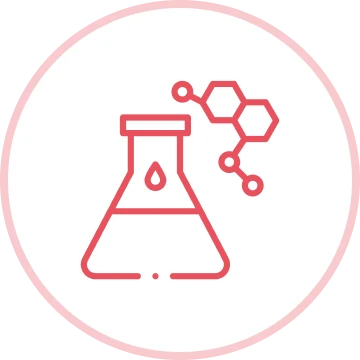 Red line drawing of a flask and molecular structure on a white background.