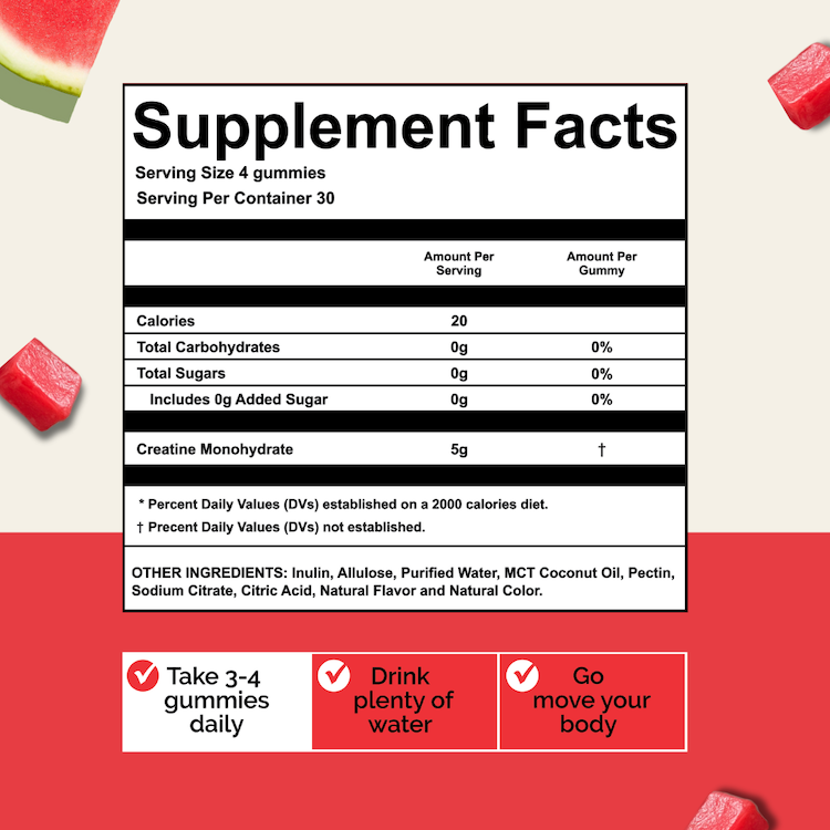 Supplement facts label with watermelon slices and health tips.