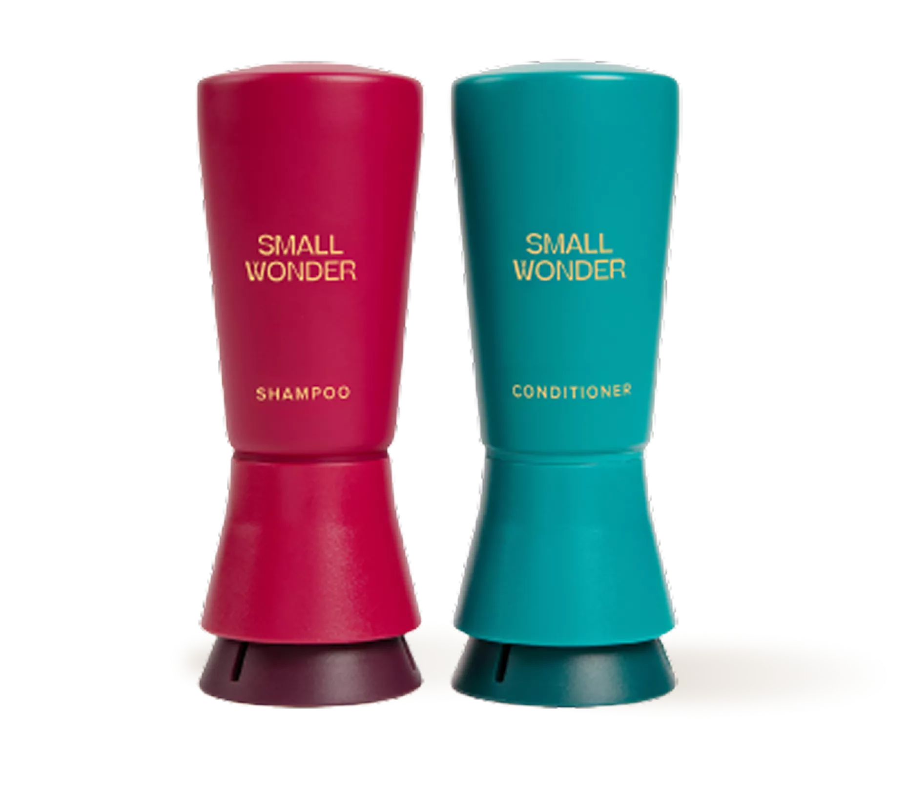 Two colorful bottles labeled shampoo and conditioner.