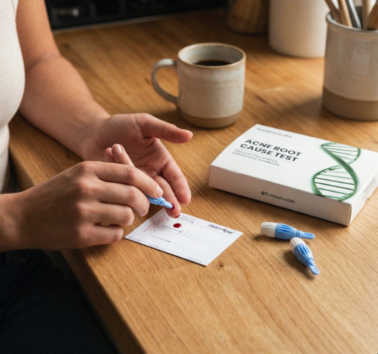 A person at a wooden table uses a lancet to take a blood sample for an at-home acne test.