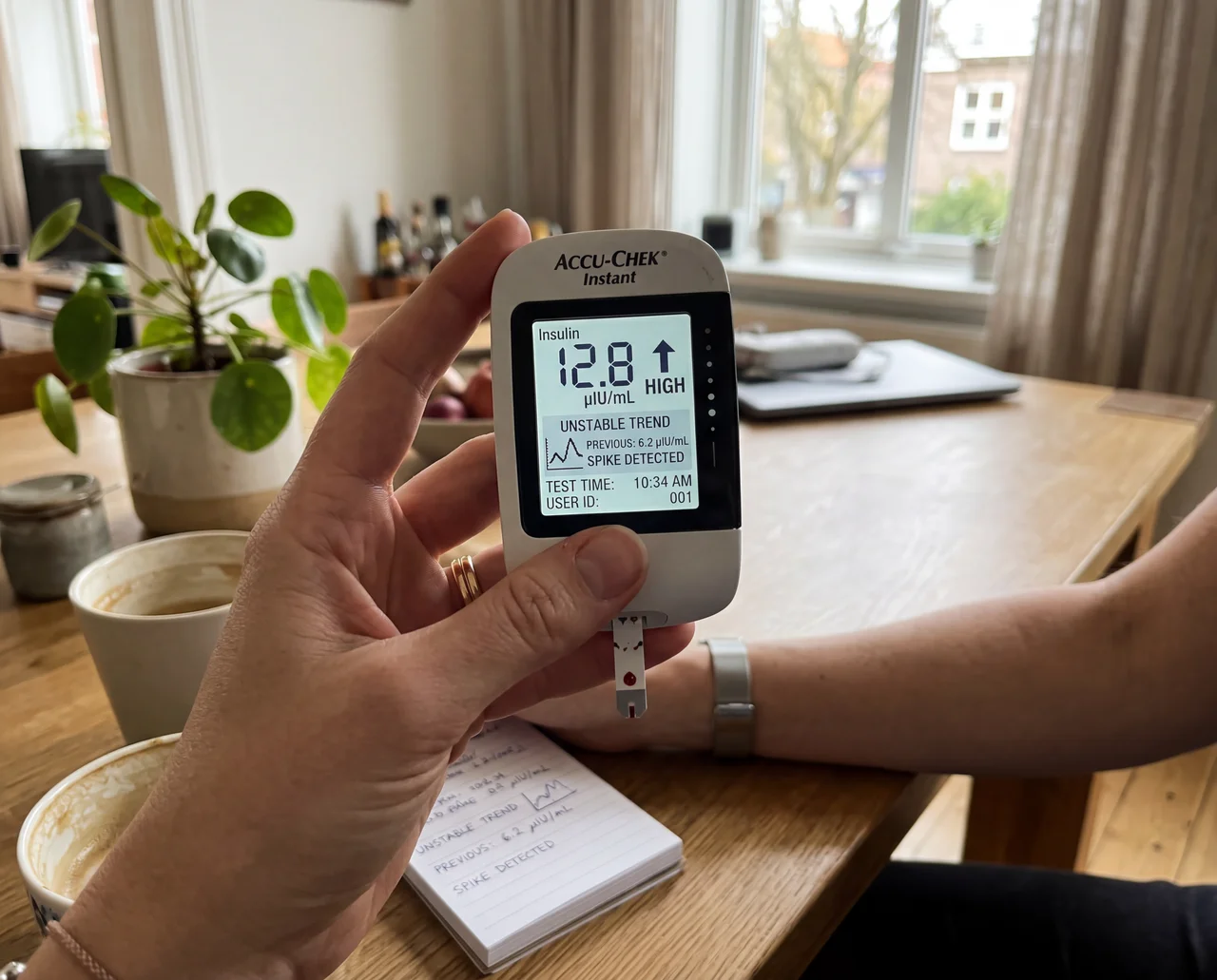 A person's hand holding an Accu-Chek Instant meter showing a high insulin reading at a wooden table.