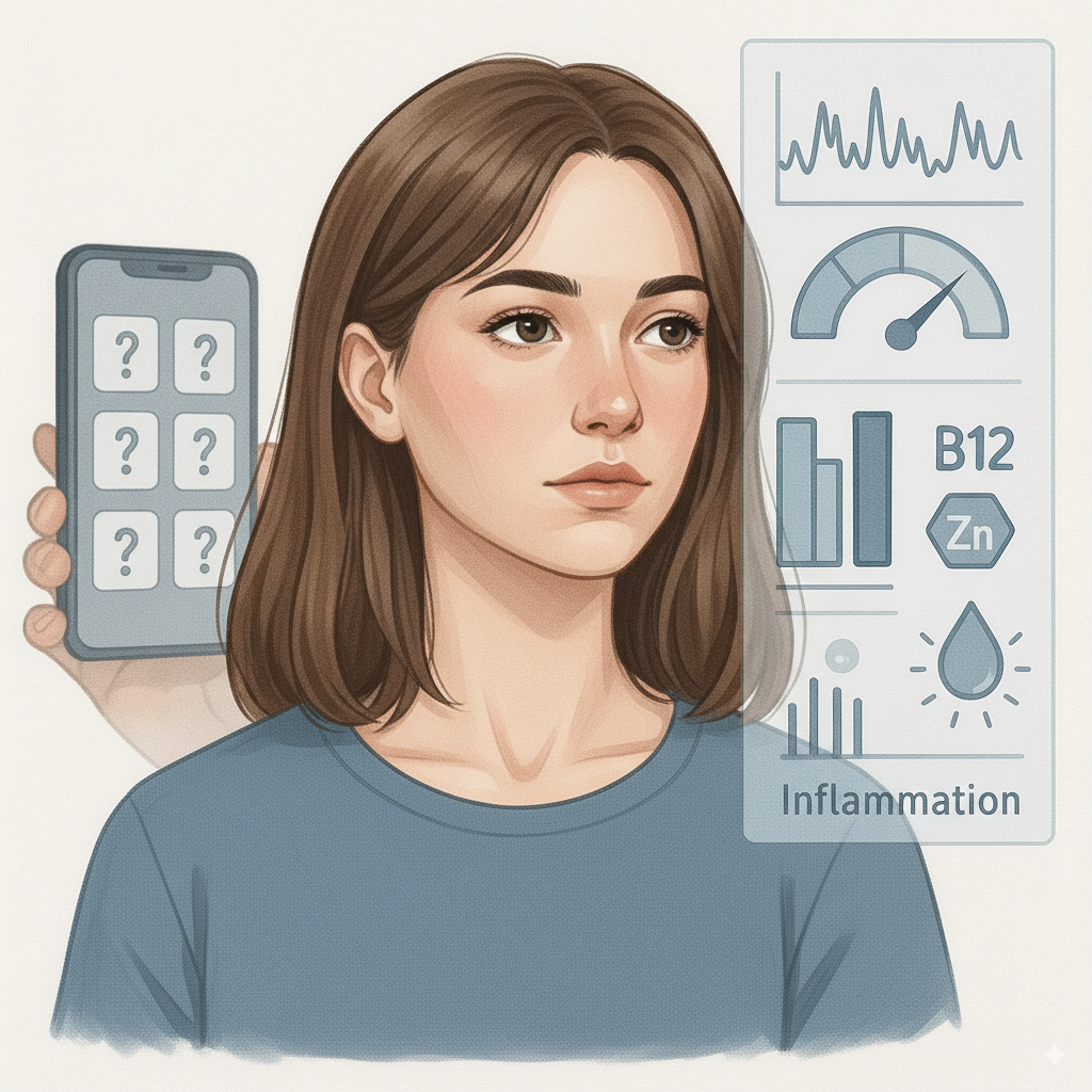 Illustration of a woman with health data icons and a smartphone display.