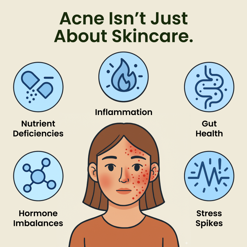 Illustration of acne causes: nutrient deficiencies, inflammation, gut health, hormone imbalances, stress spikes.