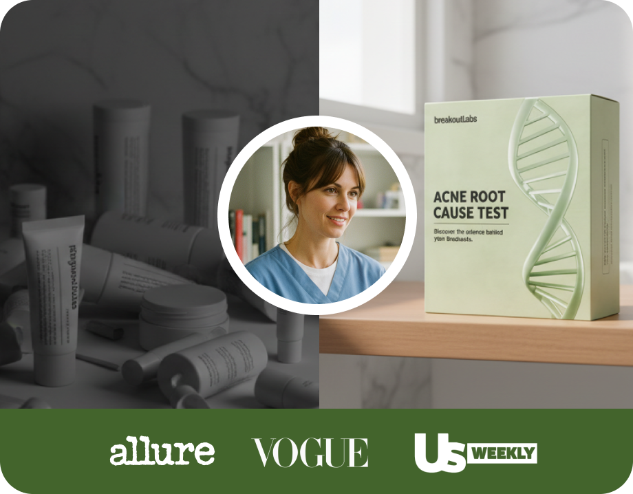 Split image of a digestive system illustration and a test kit; includes a person in a lab coat.