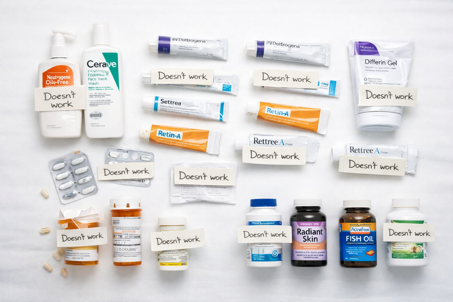 Various skincare products and medications are laid out on a white surface, most labeled with 'Doesn't work' signs.