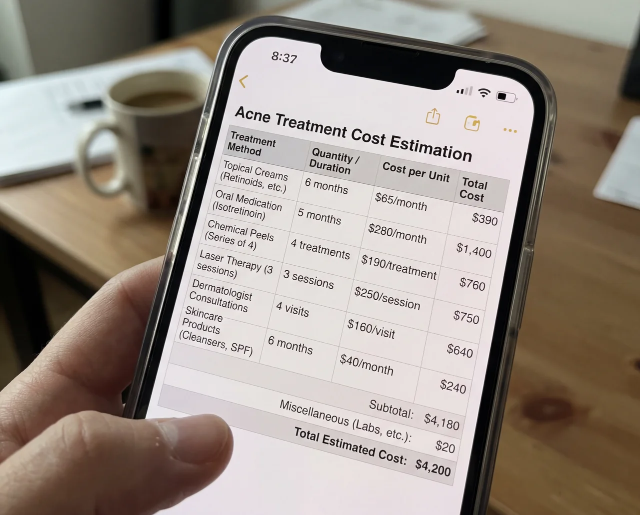 A person holding a phone displaying a spreadsheet estimating the costs of various acne treatments.