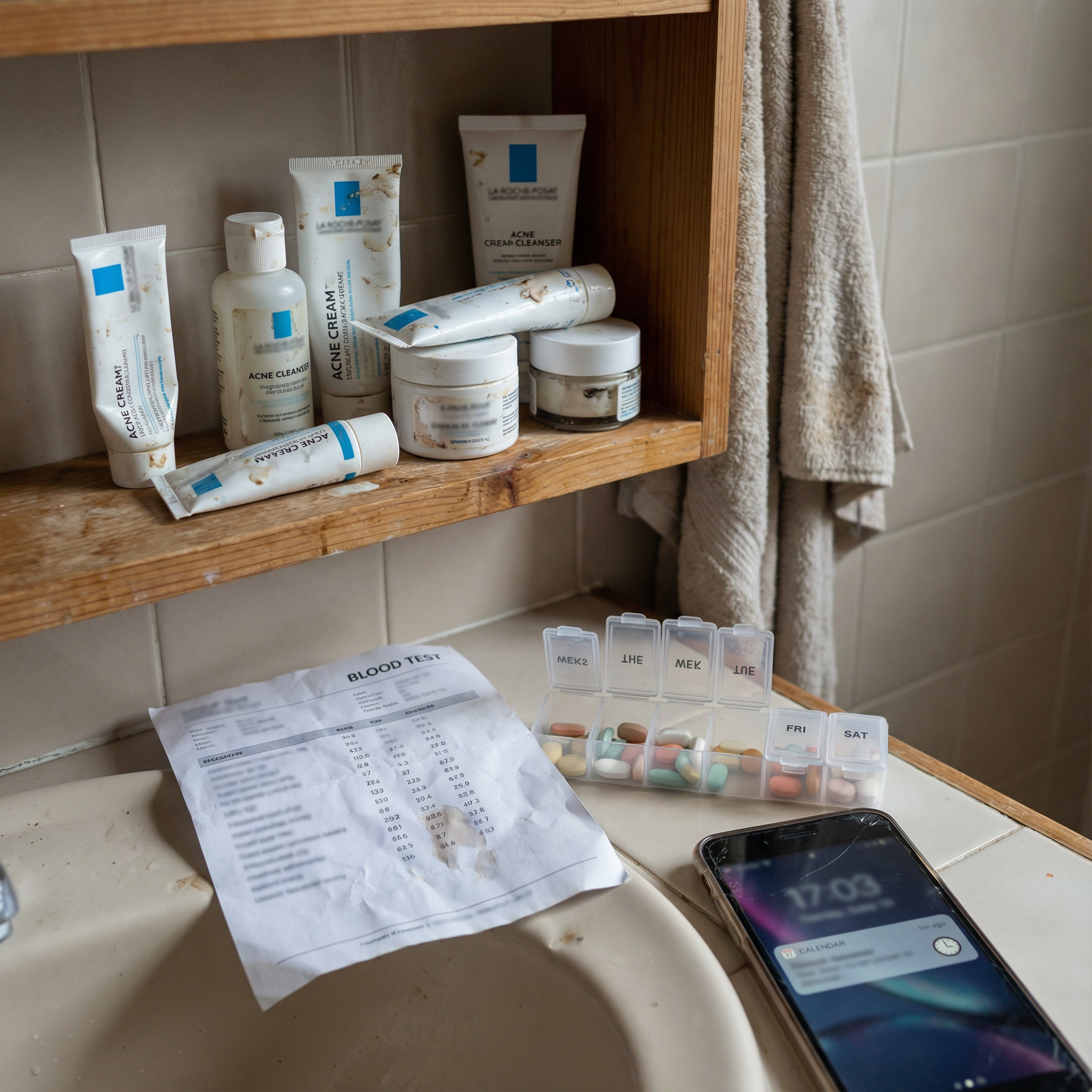Soiled acne products on a shelf above a blood test, pill box, and cracked phone on a counter.