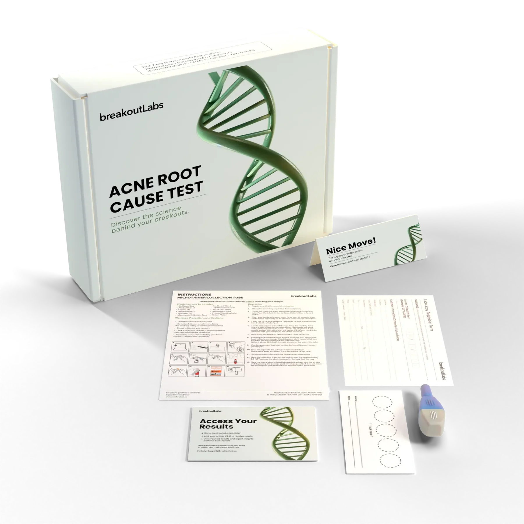 The breakoutLabs Acne Root Cause Test kit, showing the box and all of its contents.