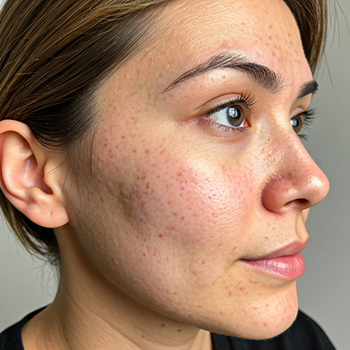 A close-up side profile of a woman's face, showing freckles, acne scarring, and skin texture.