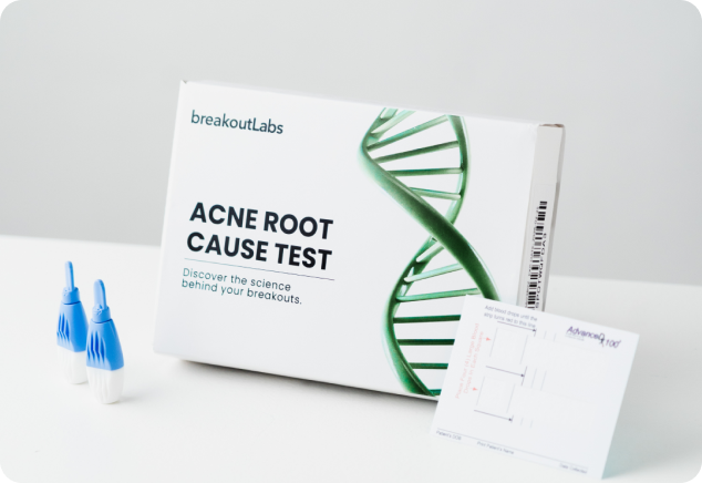 A Breakout Labs Acne Root Cause Test kit, including the box, lancets, and a test card.