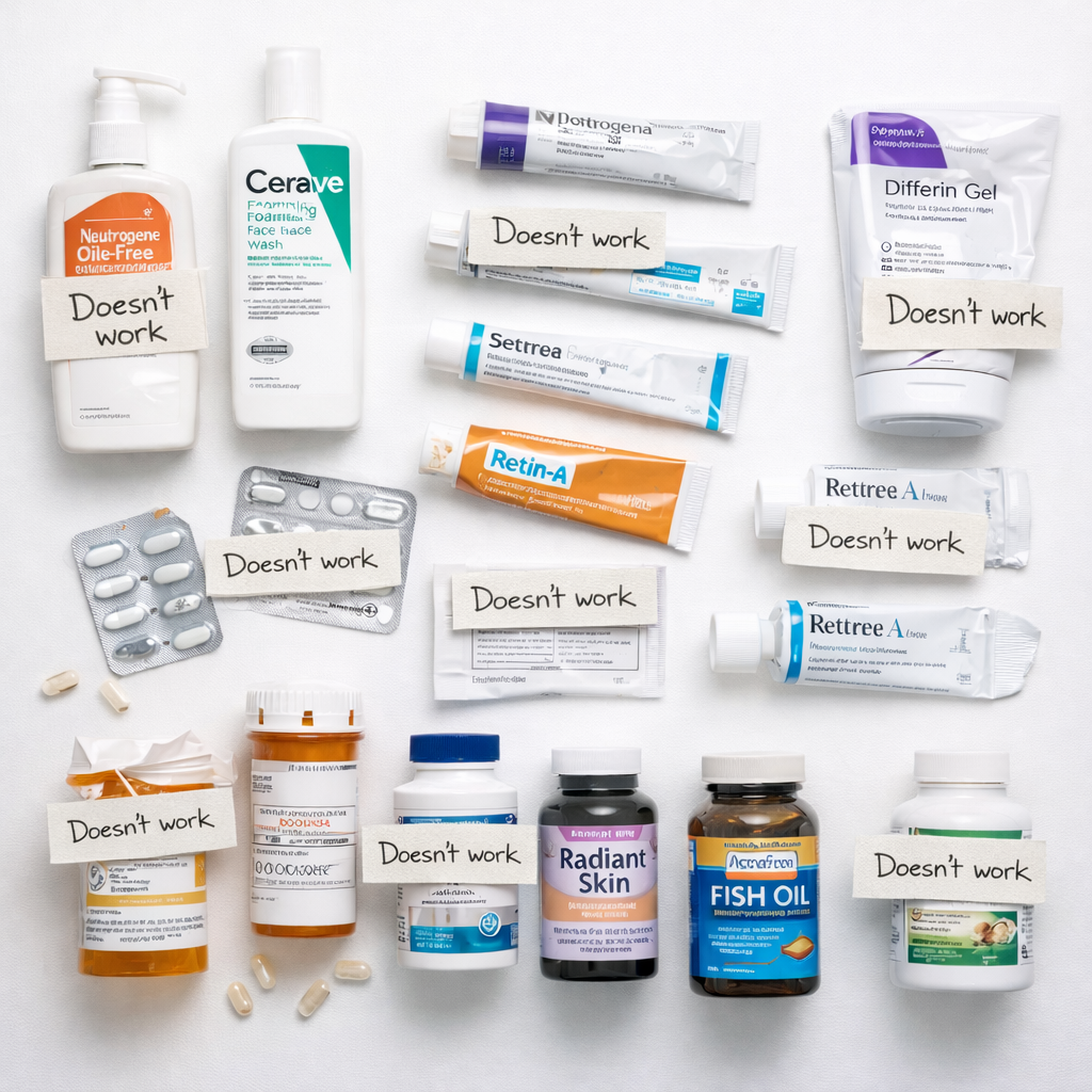 Various skincare products, pills, and supplements are laid out, many with labels that read 'Doesn't work'.