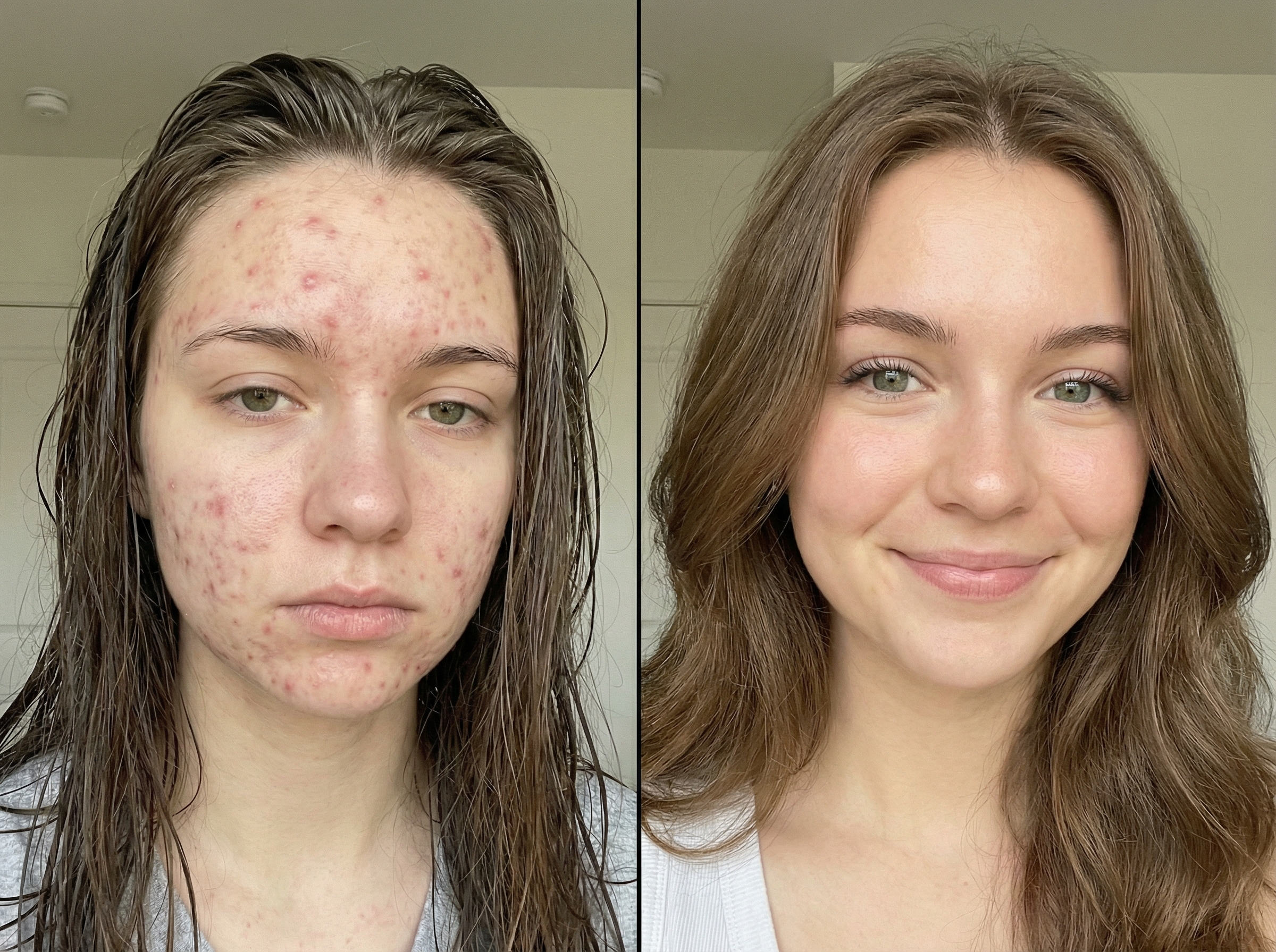 A before-and-after photo showing a young woman's face with acne and then with clear skin.
