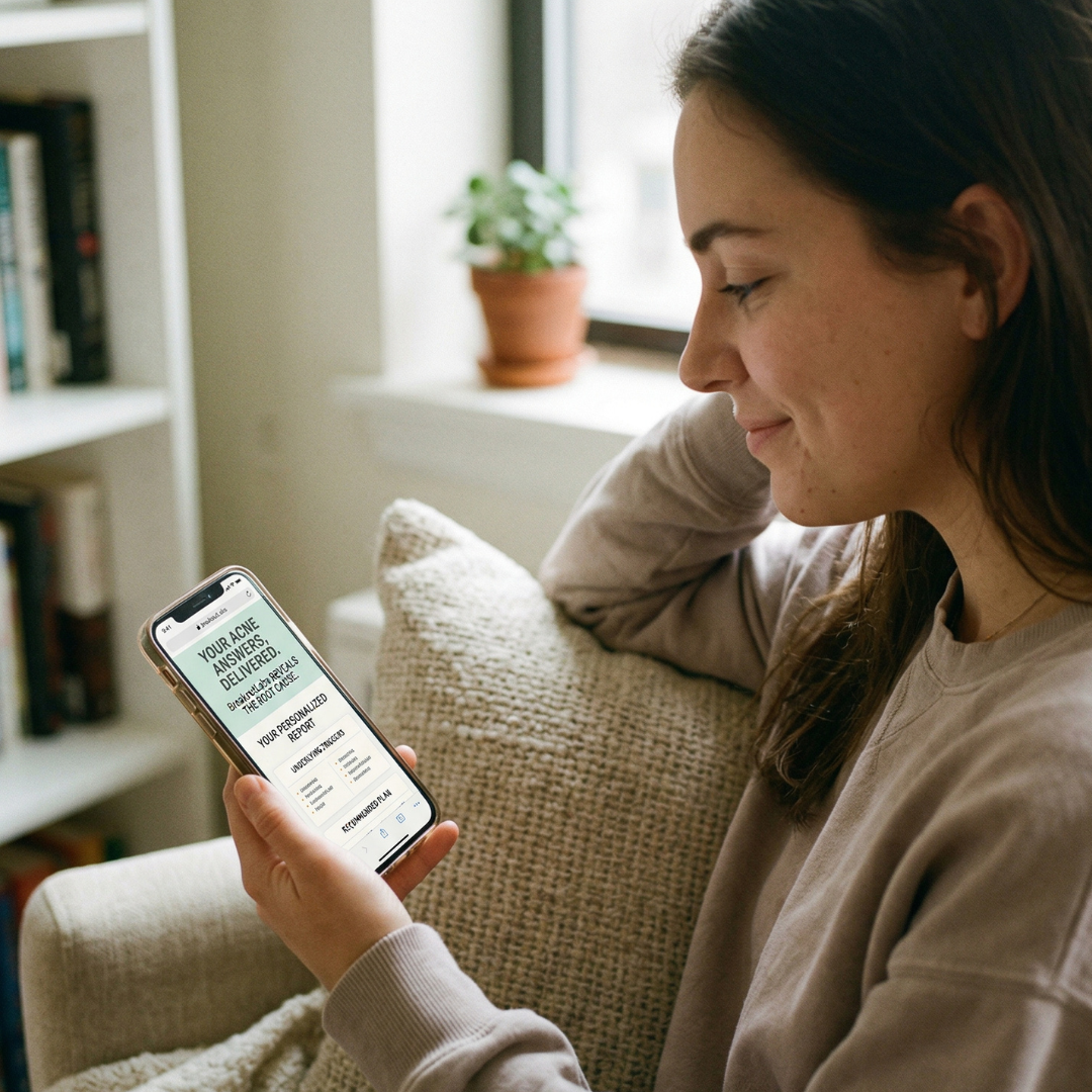A woman sits on a couch, smiling as she reads a personalized health report on her smartphone.