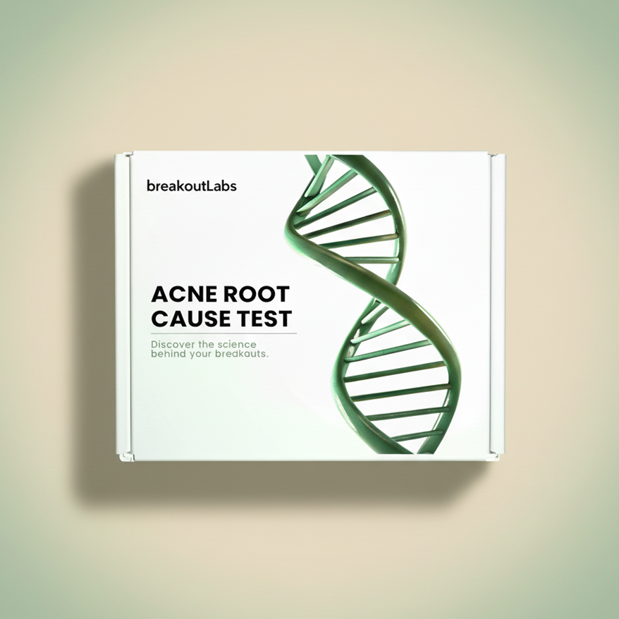 Box labeled 'Acne Root Cause Test' with DNA helix graphic.
