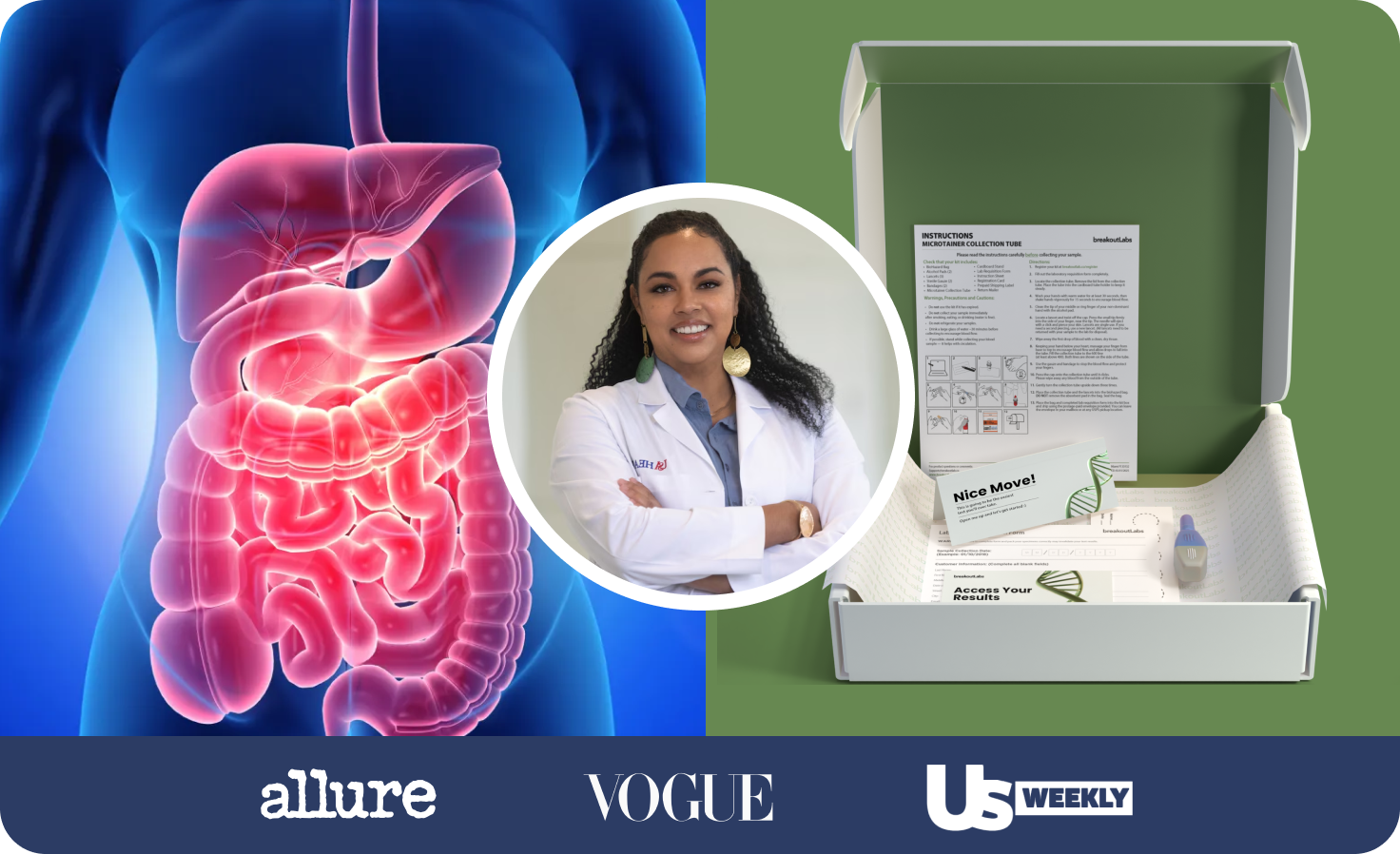 Diagram of human intestines, a woman in a lab coat, and a sample collection kit.