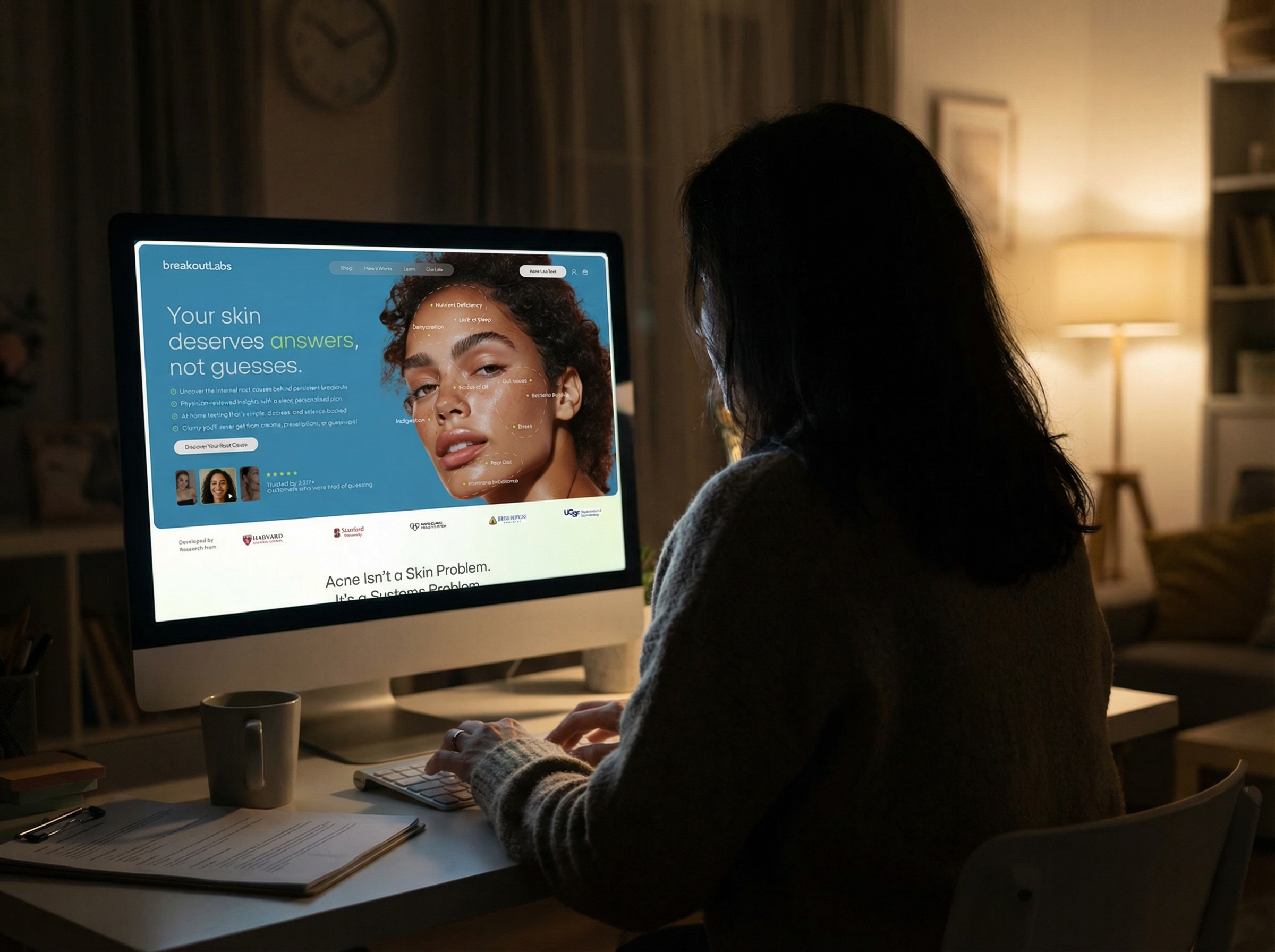 A person sits at a desk in a dark room, viewing a skincare website on a computer.