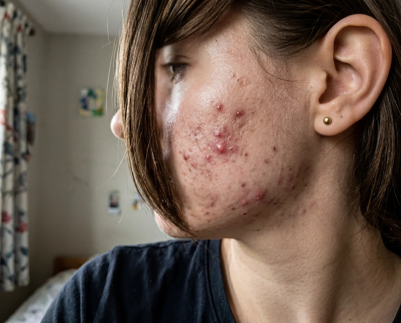 A close-up of a person's face in profile, showing acne on their cheek and jaw.