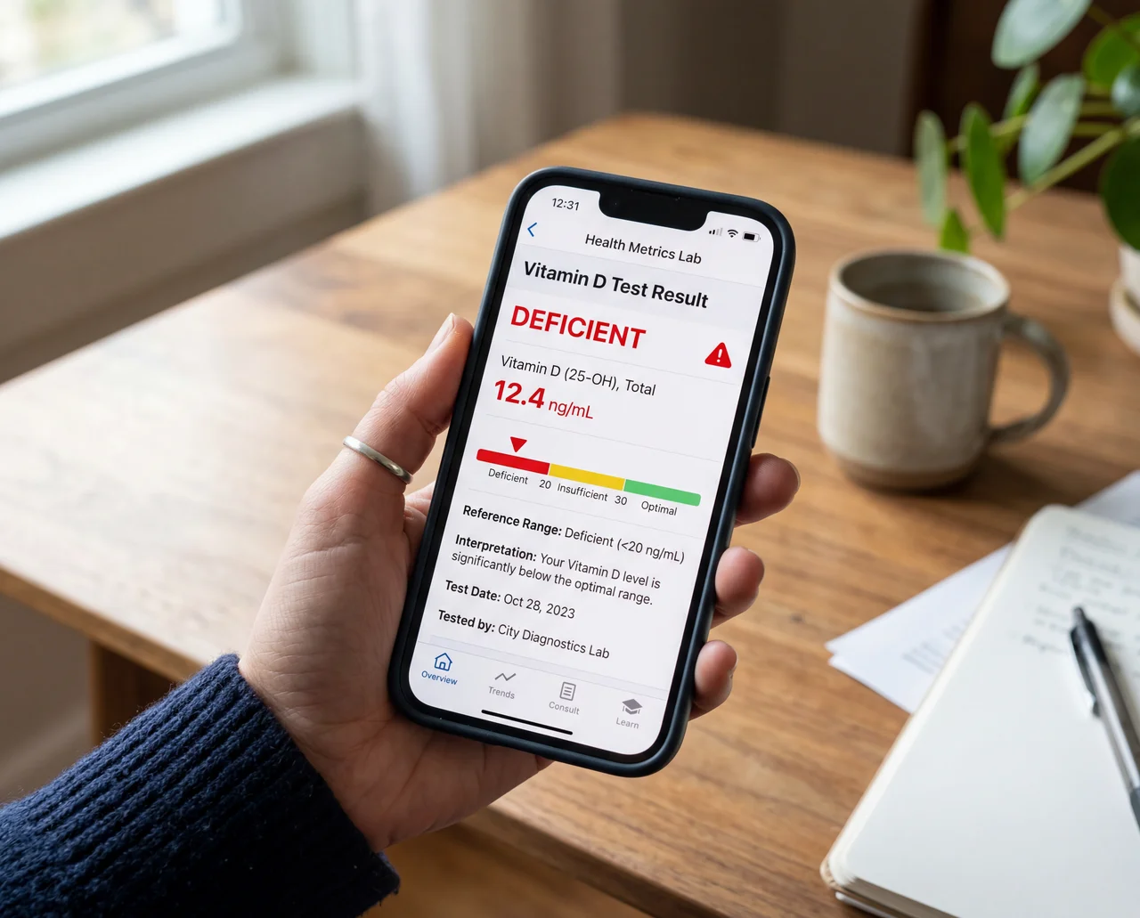 A person holds a smartphone showing a health app with a deficient Vitamin D test result.