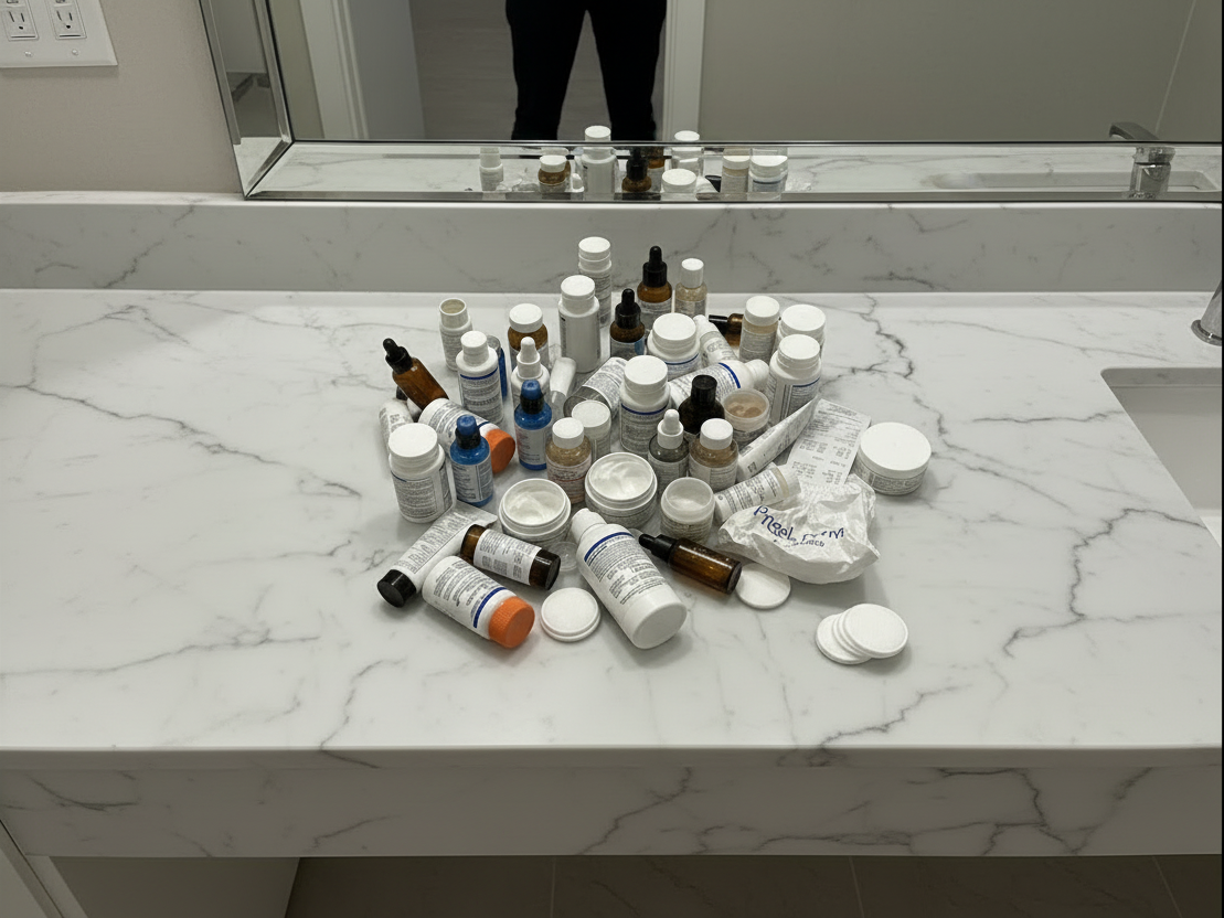 A messy pile of various skincare products scattered across a white marble bathroom countertop.