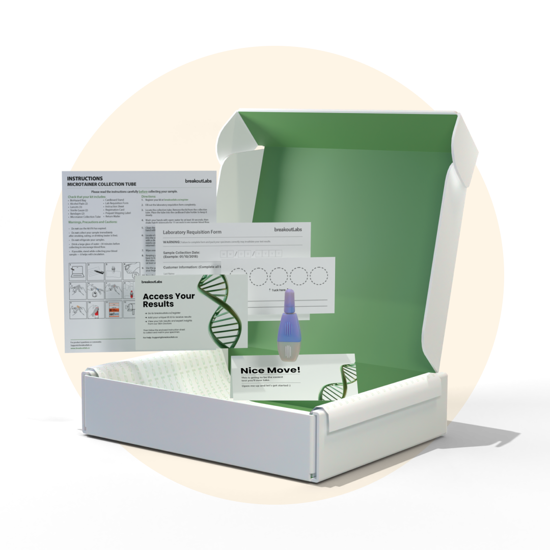 Open DNA testing kit with instruction sheets and sample collection items.