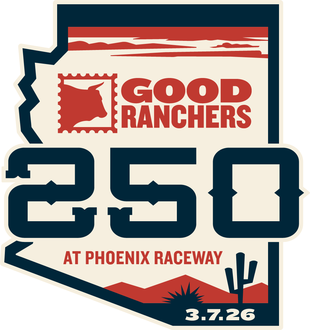 Graphic of 'Good Ranchers 250 at Phoenix Raceway' with date and desert scenery.