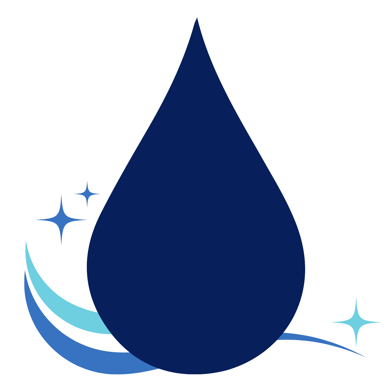 Dark blue water droplet with stars and curved lines.